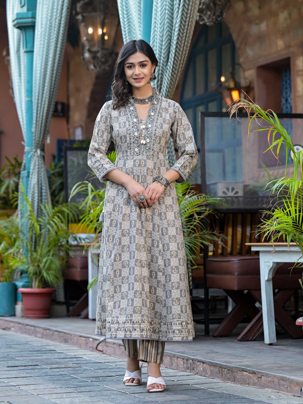 Embroidered & Printed Flared Kurta With Pant & Dupatta, Grey - Hiral Fashion | Grocsy