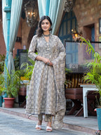 Embroidered & Printed Flared Kurta With Pant & Dupatta, Grey - Hiral Fashion | Grocsy