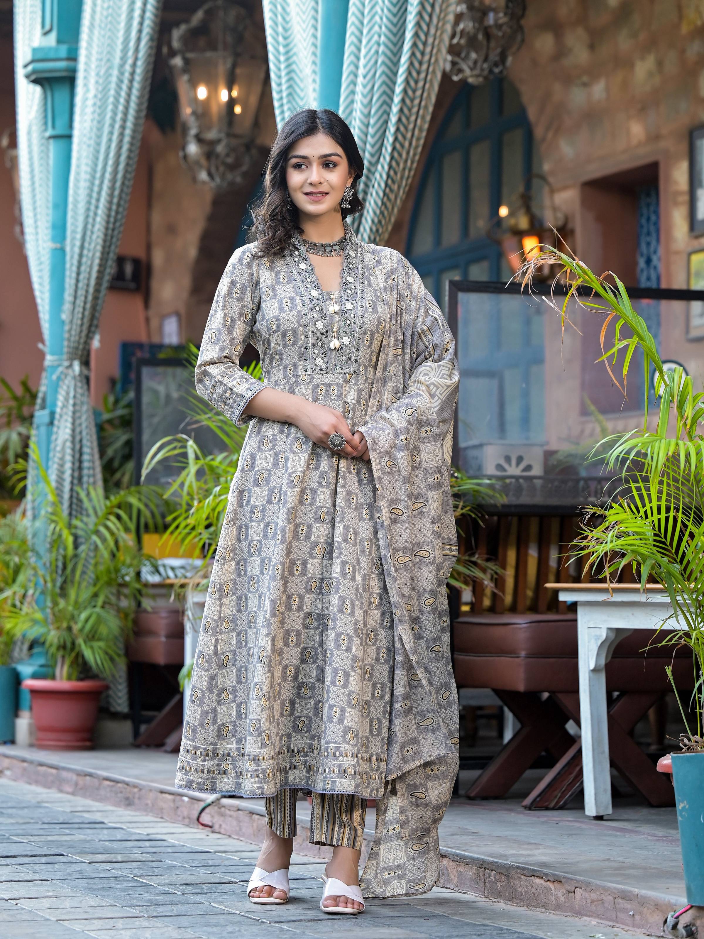 Embroidered & Printed Flared Kurta With Pant & Dupatta, Grey - Hiral Fashion | Grocsy