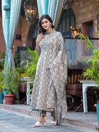 Embroidered & Printed Flared Kurta With Pant & Dupatta, Grey - Hiral Fashion | Grocsy