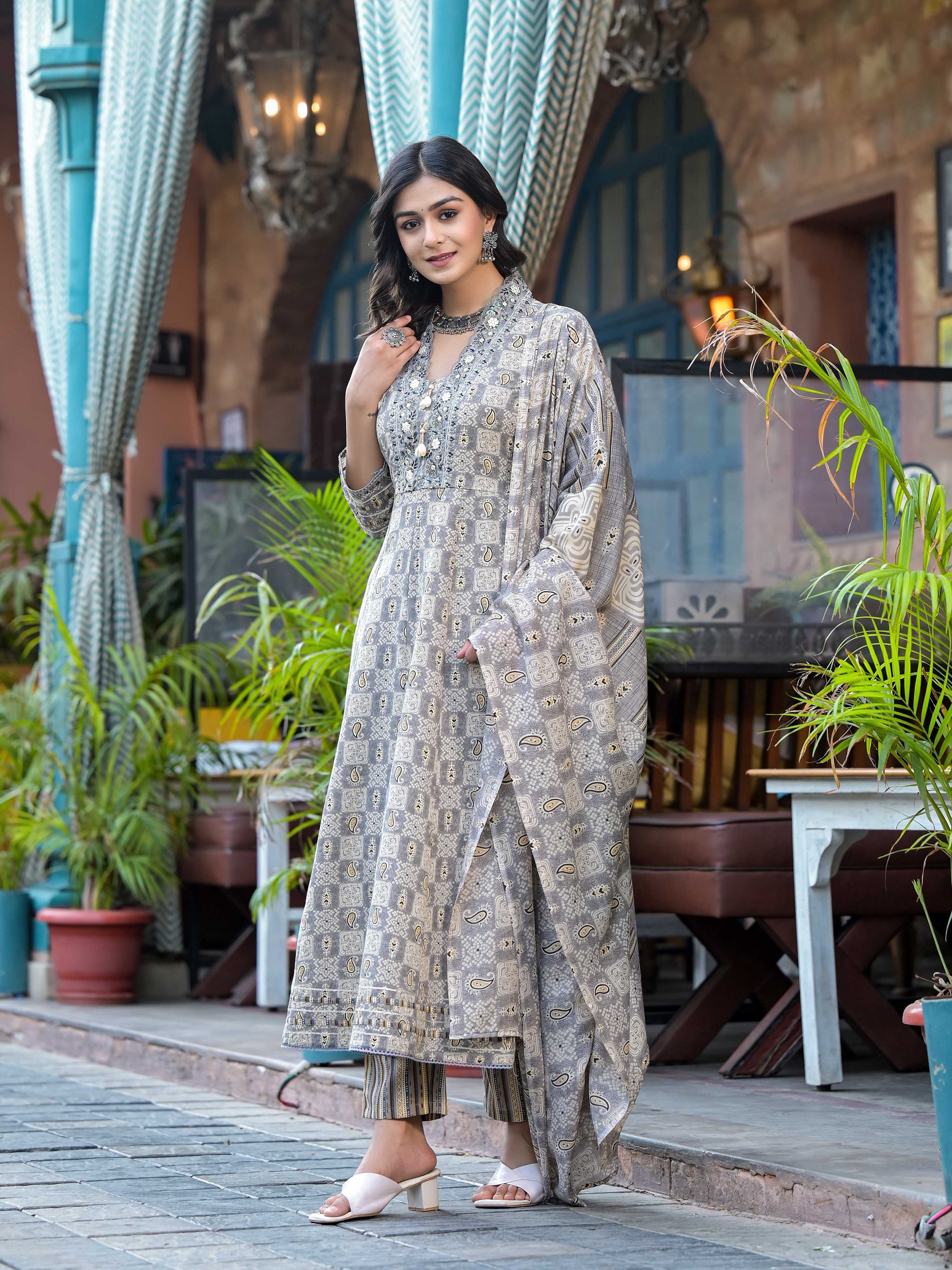 Embroidered & Printed Flared Kurta With Pant & Dupatta, Grey - Hiral Fashion | Grocsy