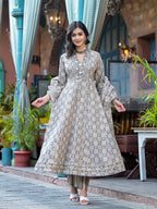 Embroidered & Printed Flared Kurta With Pant & Dupatta, Grey - Hiral Fashion | Grocsy