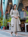 Embroidered & Printed Flared Kurta With Pant & Dupatta, Grey - Hiral Fashion | Grocsy