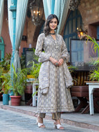 Embroidered & Printed Flared Kurta With Pant & Dupatta, Grey - Hiral Fashion | Grocsy