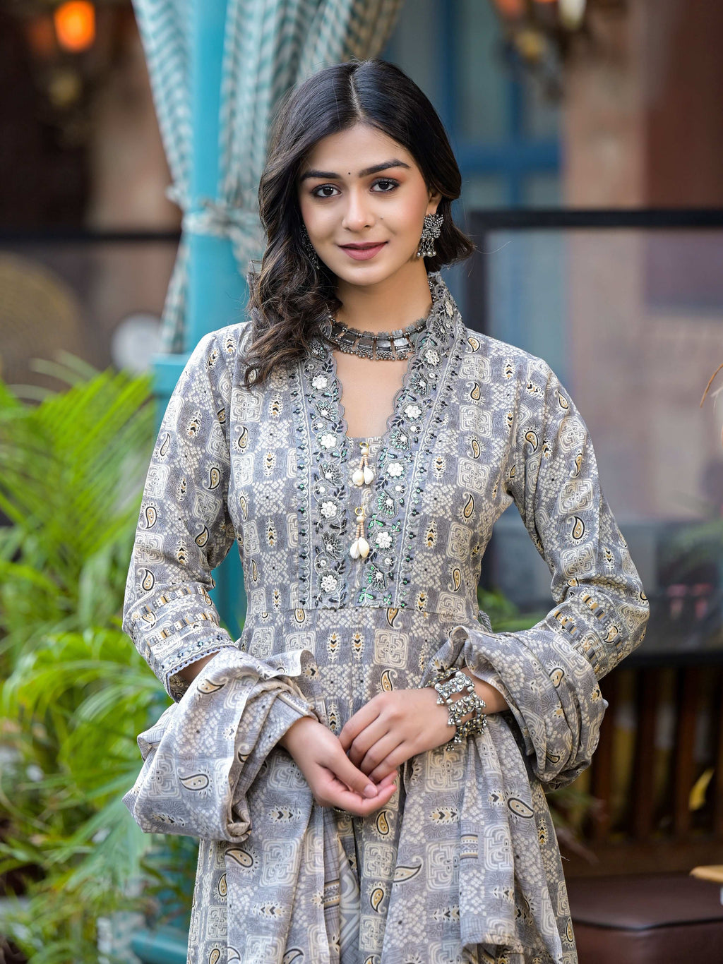 Embroidered & Printed Flared Kurta With Pant & Dupatta, Grey - Hiral Fashion | Grocsy