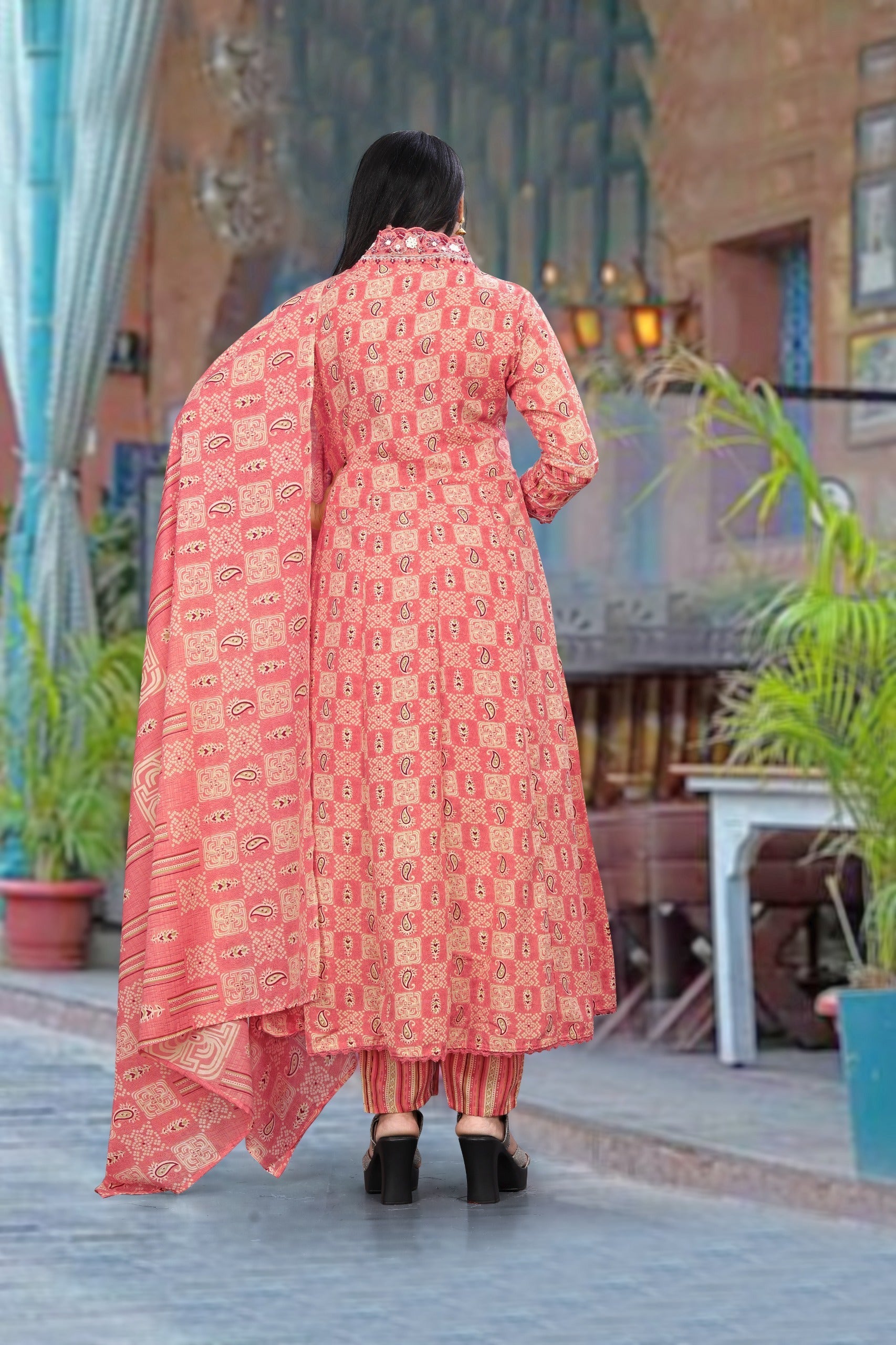 Embroidered & Printed Flared Kurta With Pant & Dupatta, Orange - Hiral Fashion | Grocsy