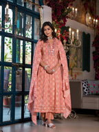 Embroidered & Printed Flared Kurta With Pant & Dupatta, Orange - Hiral Fashion | Grocsy