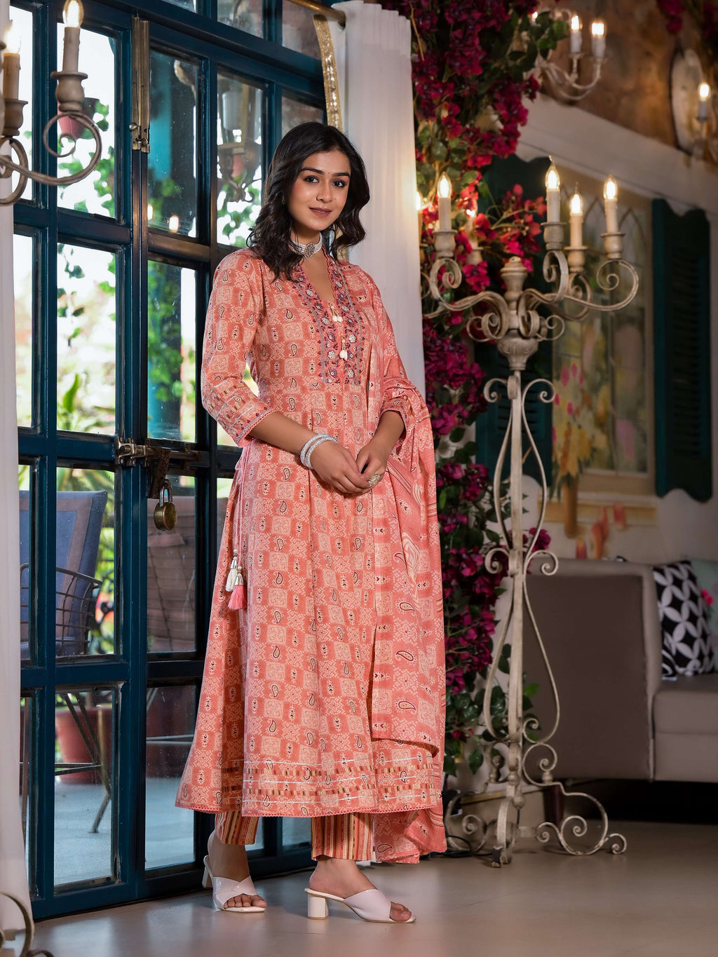 Embroidered & Printed Flared Kurta With Pant & Dupatta, Orange - Hiral Fashion | Grocsy