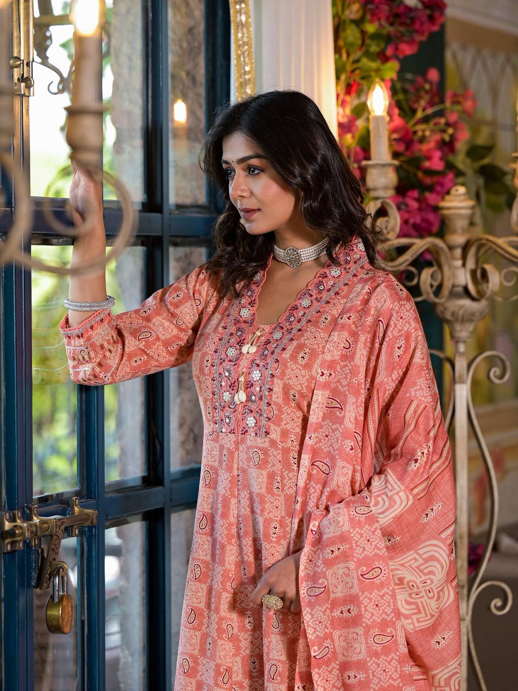 Embroidered & Printed Flared Kurta With Pant & Dupatta, Orange - Hiral Fashion | Grocsy