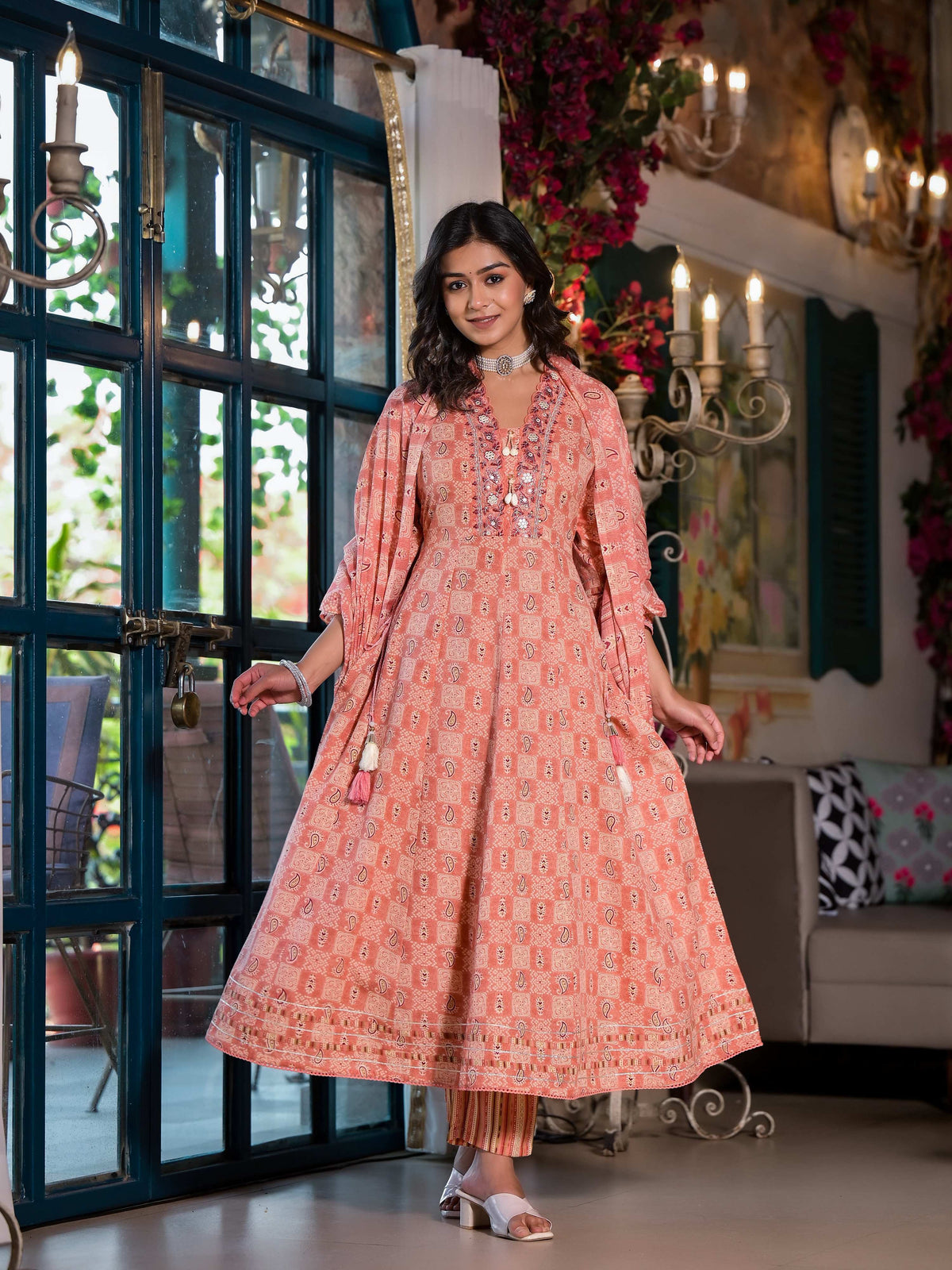 Embroidered & Printed Flared Kurta With Pant & Dupatta, Orange - Hiral Fashion | Grocsy