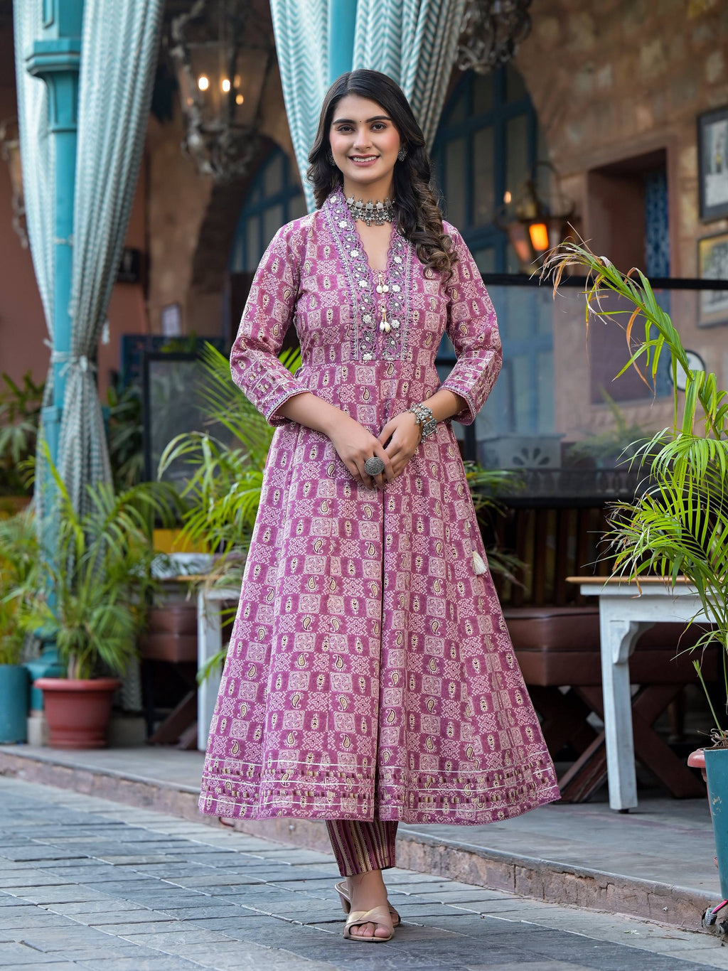 Embroidered & Printed Flared Kurta With Pant & Dupatta, Pink - Hiral Fashion | Grocsy