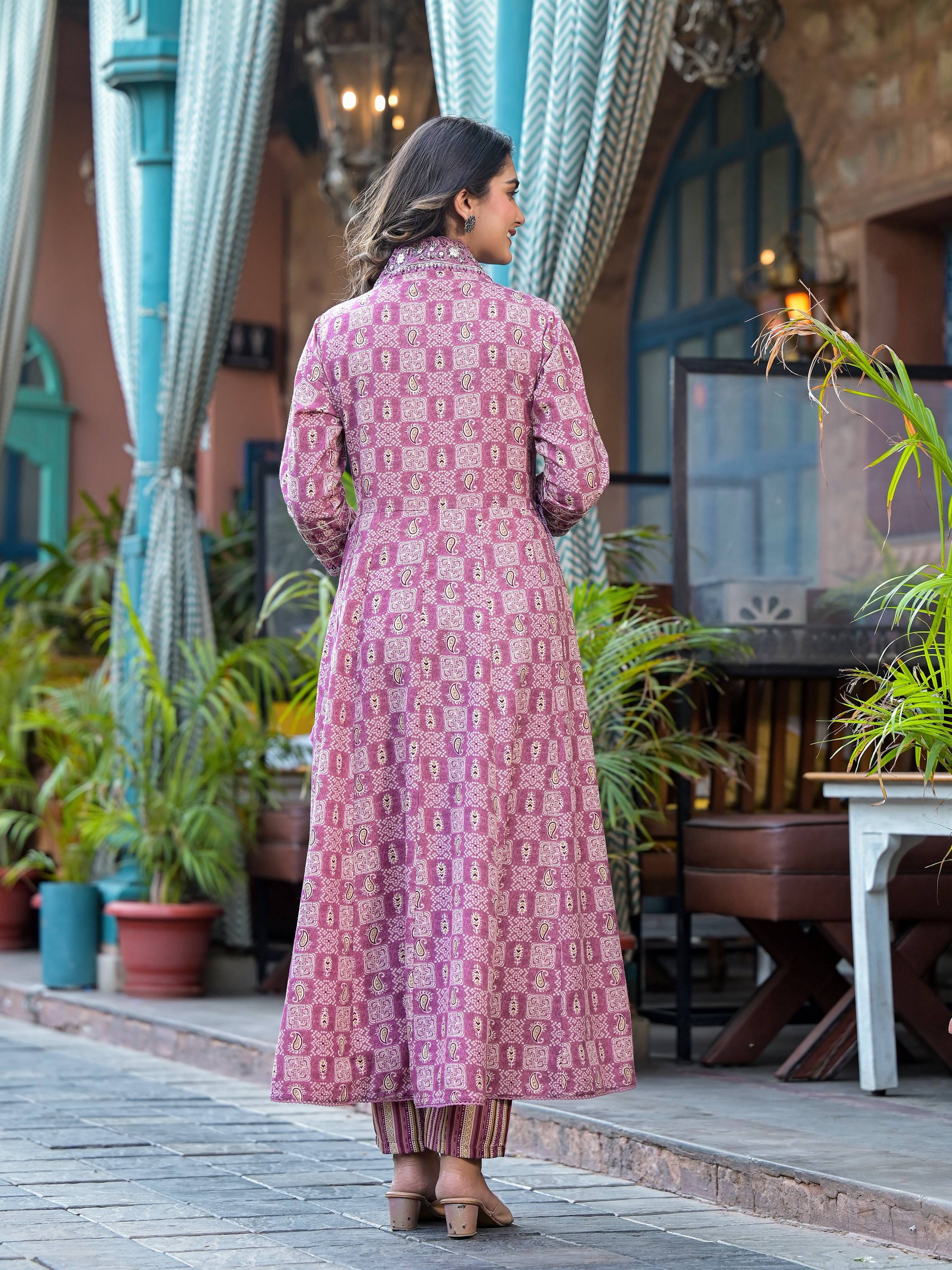 Embroidered & Printed Flared Kurta With Pant & Dupatta, Pink - Hiral Fashion | Grocsy