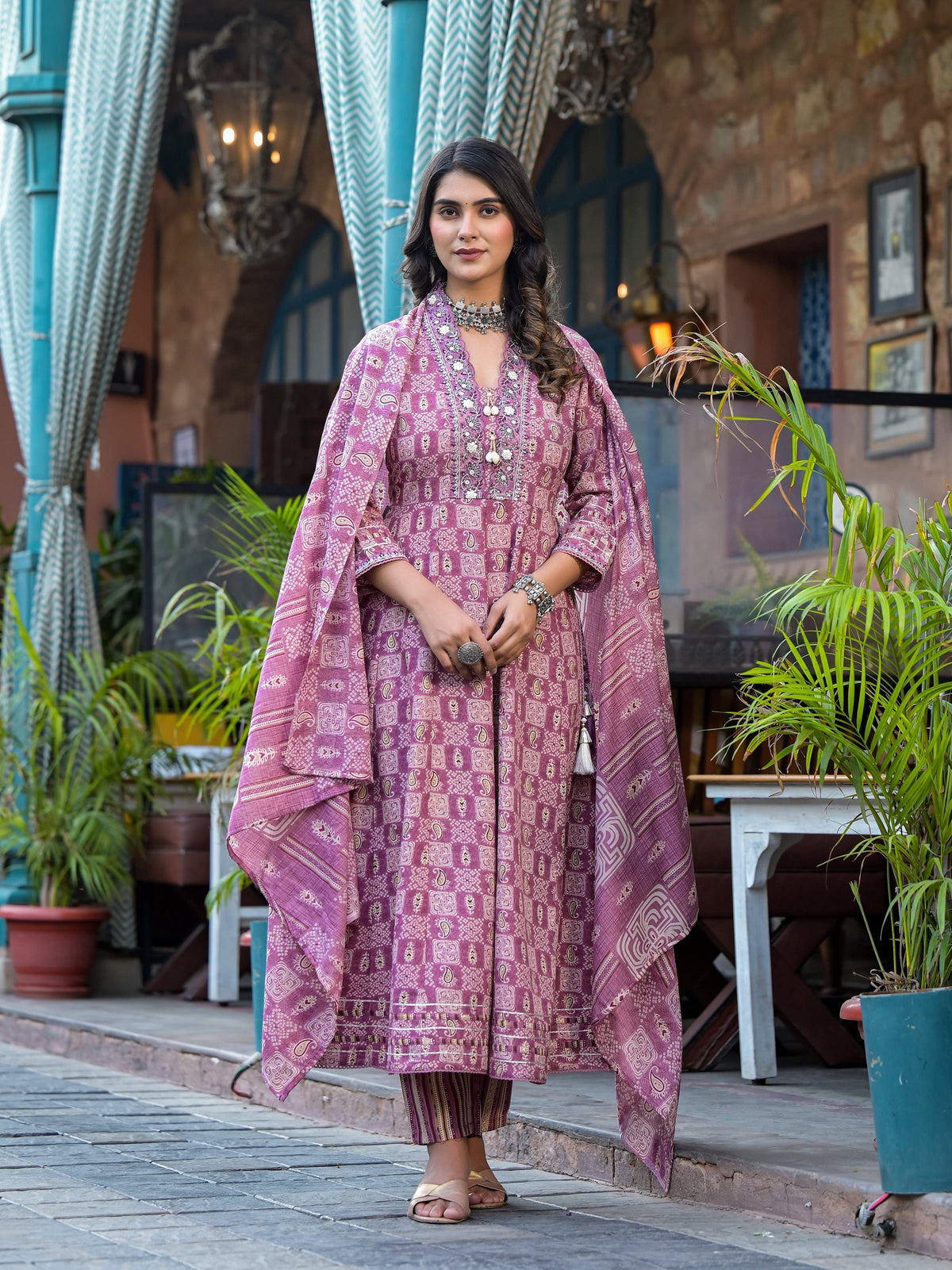 Embroidered & Printed Flared Kurta With Pant & Dupatta, Pink - Hiral Fashion | Grocsy