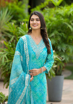 Applique Embroidered & Bandhani Printed Kurta With Pant & Printed Dupatta, Blue - Hiral Fashion | Grocsy