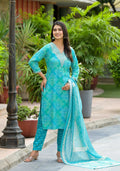 Applique Embroidered & Bandhani Printed Kurta With Pant & Printed Dupatta, Blue - Hiral Fashion | Grocsy