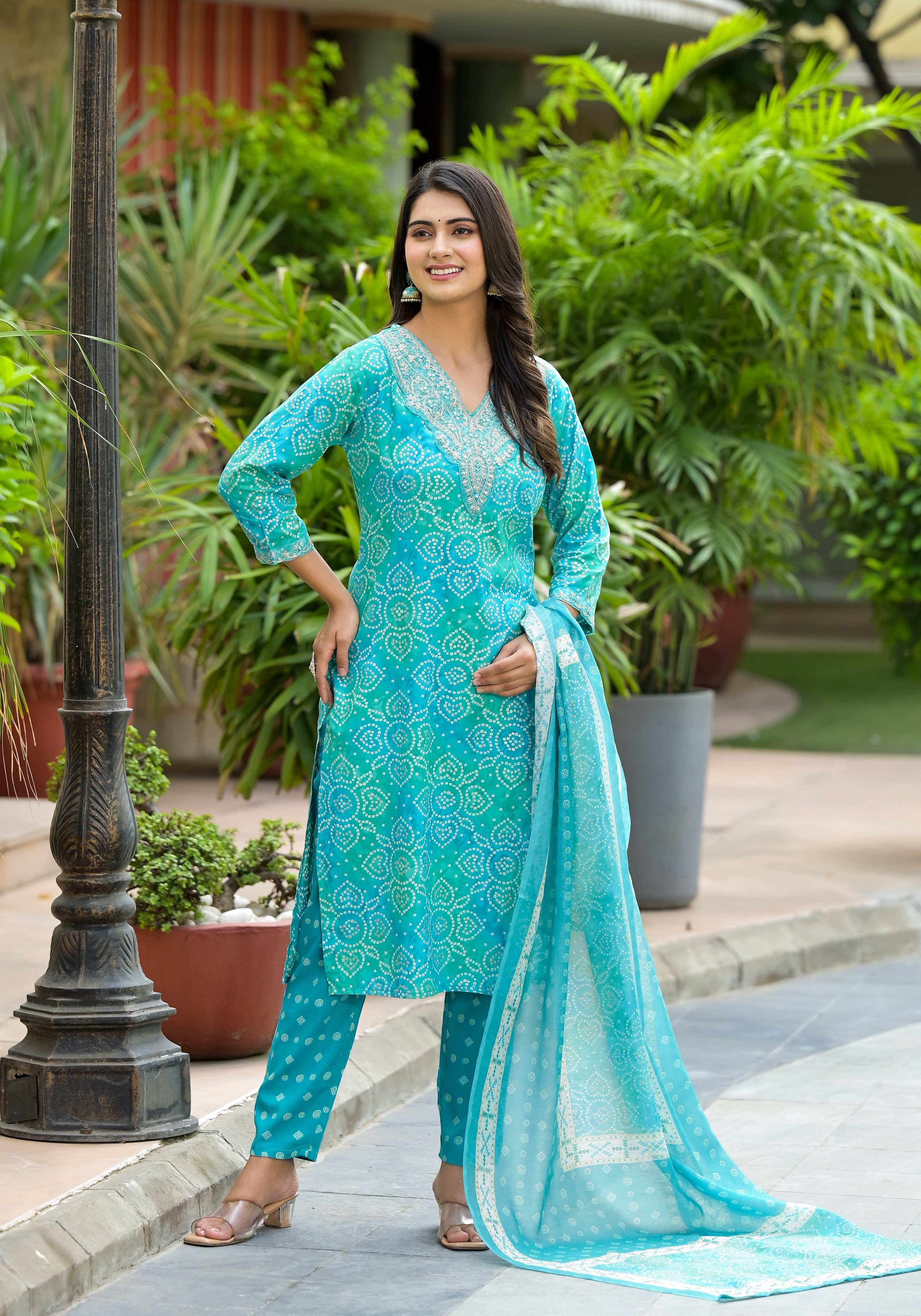 Applique Embroidered & Bandhani Printed Kurta With Pant & Printed Dupatta, Blue - Hiral Fashion | Grocsy