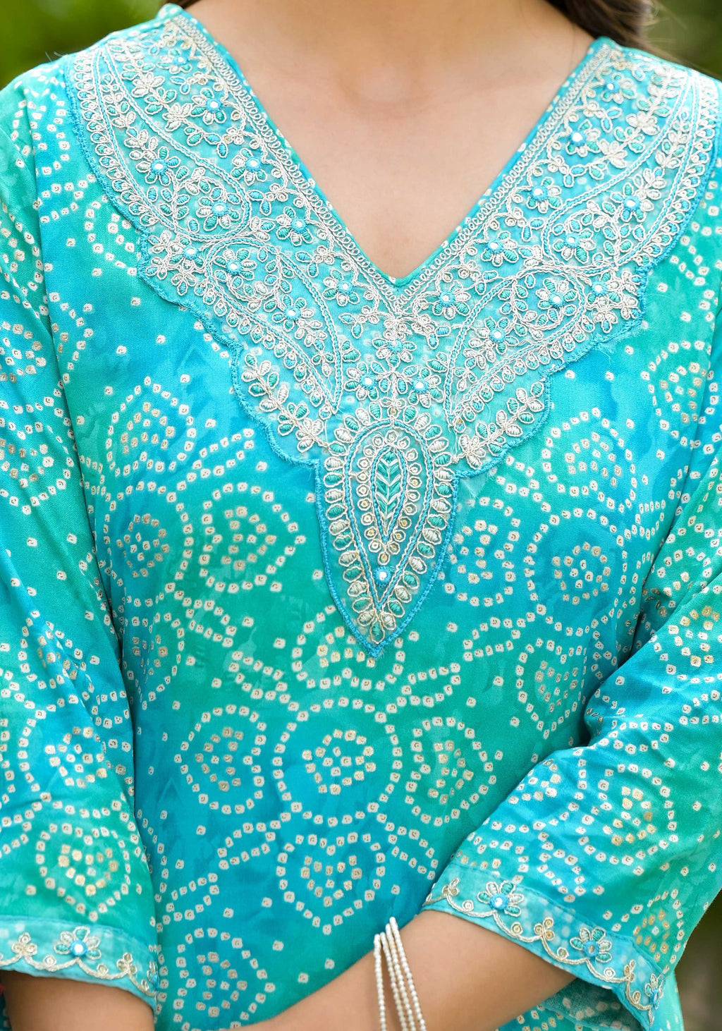 Applique Embroidered & Bandhani Printed Kurta With Pant & Printed Dupatta, Blue - Hiral Fashion | Grocsy