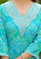 Applique Embroidered & Bandhani Printed Kurta With Pant & Printed Dupatta, Blue - Hiral Fashion | Grocsy