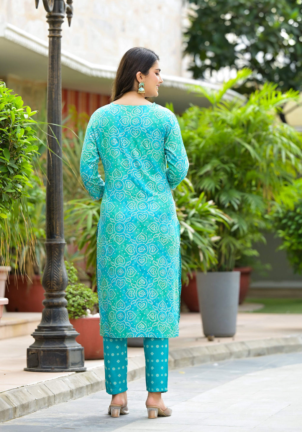 Applique Embroidered & Bandhani Printed Kurta With Pant & Printed Dupatta, Blue - Hiral Fashion | Grocsy
