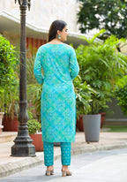 Applique Embroidered & Bandhani Printed Kurta With Pant & Printed Dupatta, Blue - Hiral Fashion | Grocsy