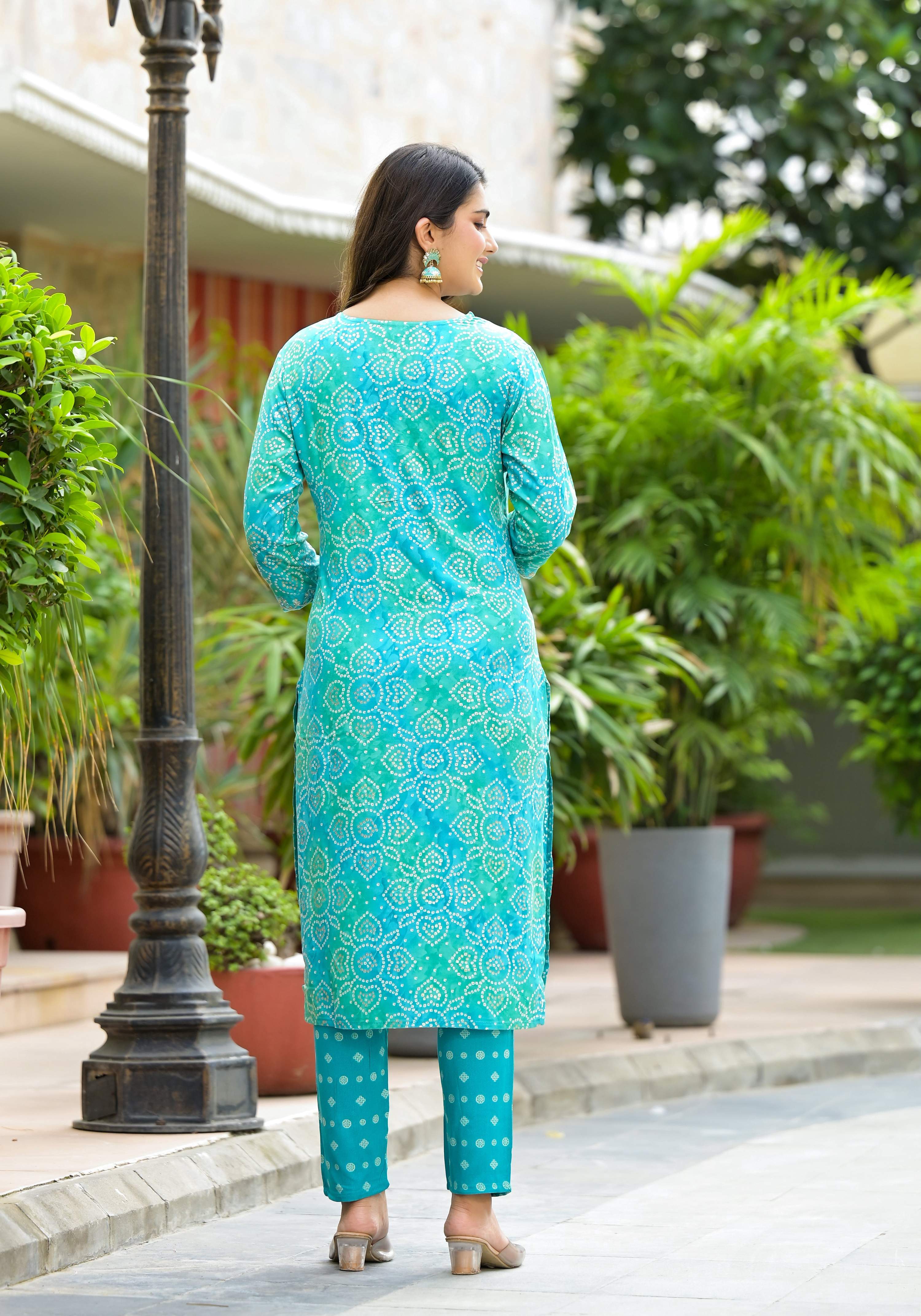 Applique Embroidered & Bandhani Printed Kurta With Pant & Printed Dupatta, Blue - Hiral Fashion | Grocsy