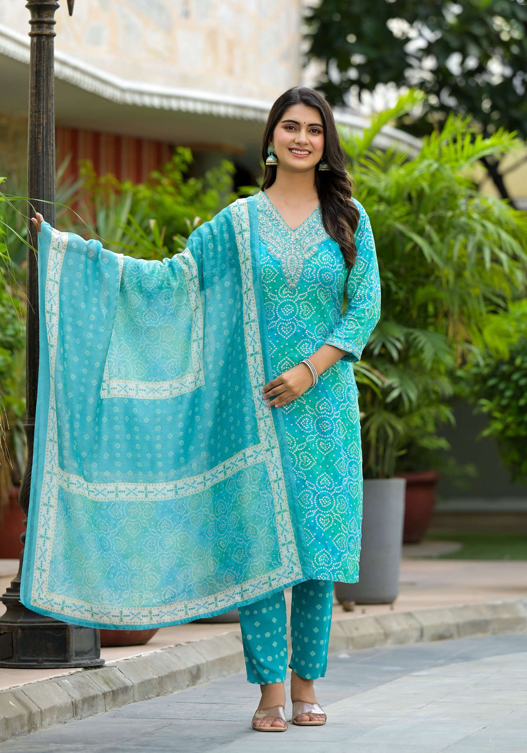 Applique Embroidered & Bandhani Printed Kurta With Pant & Printed Dupatta, Blue - Hiral Fashion | Grocsy