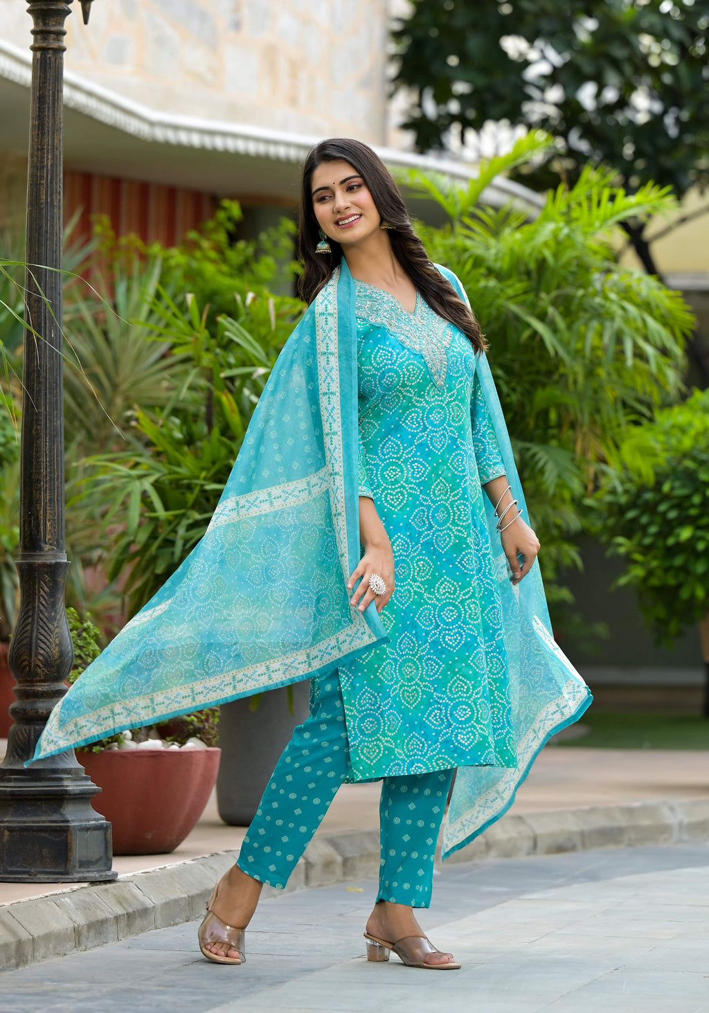 Applique Embroidered & Bandhani Printed Kurta With Pant & Printed Dupatta, Blue - Hiral Fashion | Grocsy