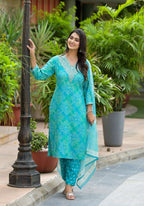 Applique Embroidered & Bandhani Printed Kurta With Pant & Printed Dupatta, Blue - Hiral Fashion | Grocsy