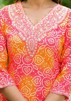 Applique Embroidered & Bandhani Printed Kurta With Pant & Printed Dupatta, Orange - Hiral Fashion | Grocsy