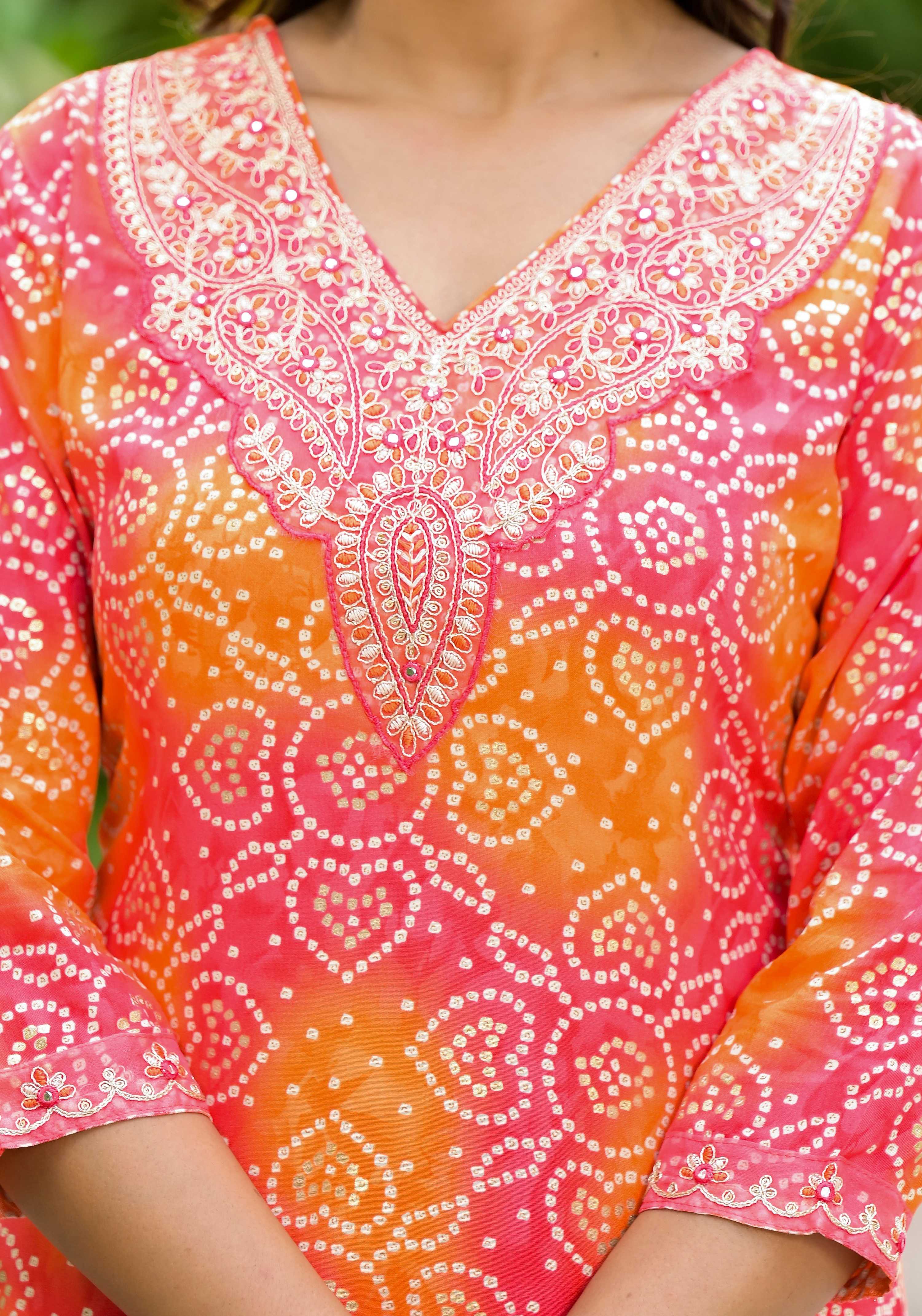 Applique Embroidered & Bandhani Printed Kurta With Pant & Printed Dupatta, Orange - Hiral Fashion | Grocsy