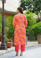 Applique Embroidered & Bandhani Printed Kurta With Pant & Printed Dupatta, Orange - Hiral Fashion | Grocsy