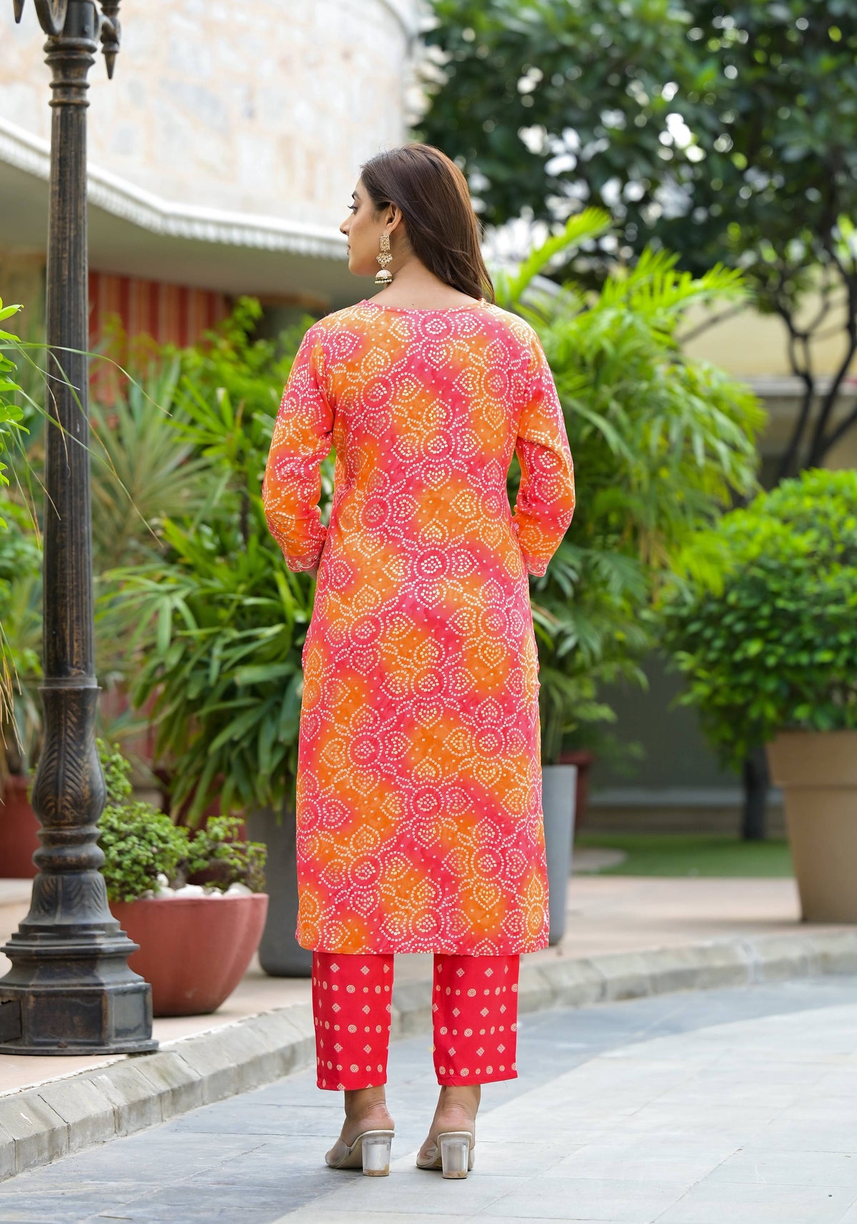 Applique Embroidered & Bandhani Printed Kurta With Pant & Printed Dupatta, Orange - Hiral Fashion | Grocsy