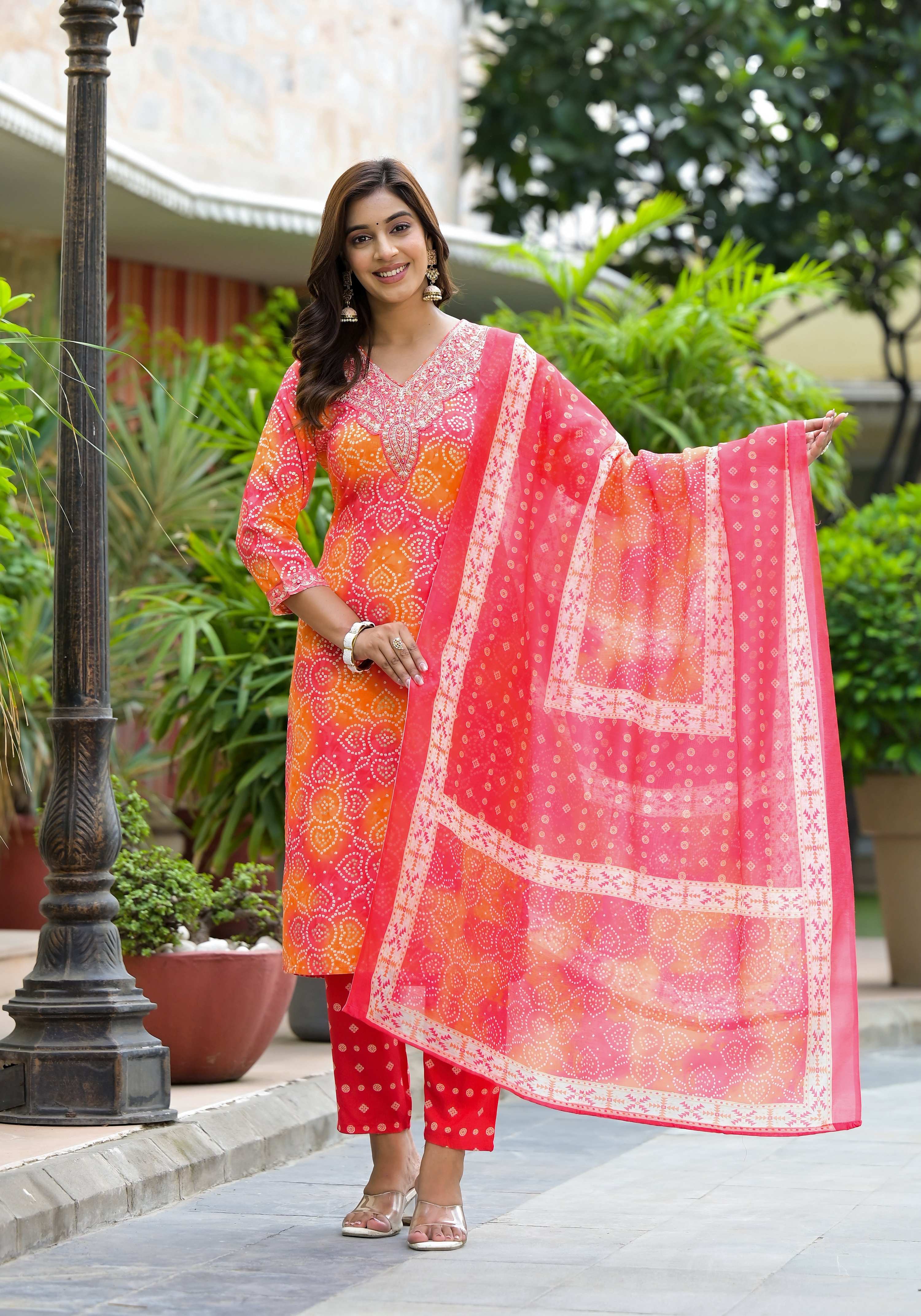 Applique Embroidered & Bandhani Printed Kurta With Pant & Printed Dupatta, Orange - Hiral Fashion | Grocsy