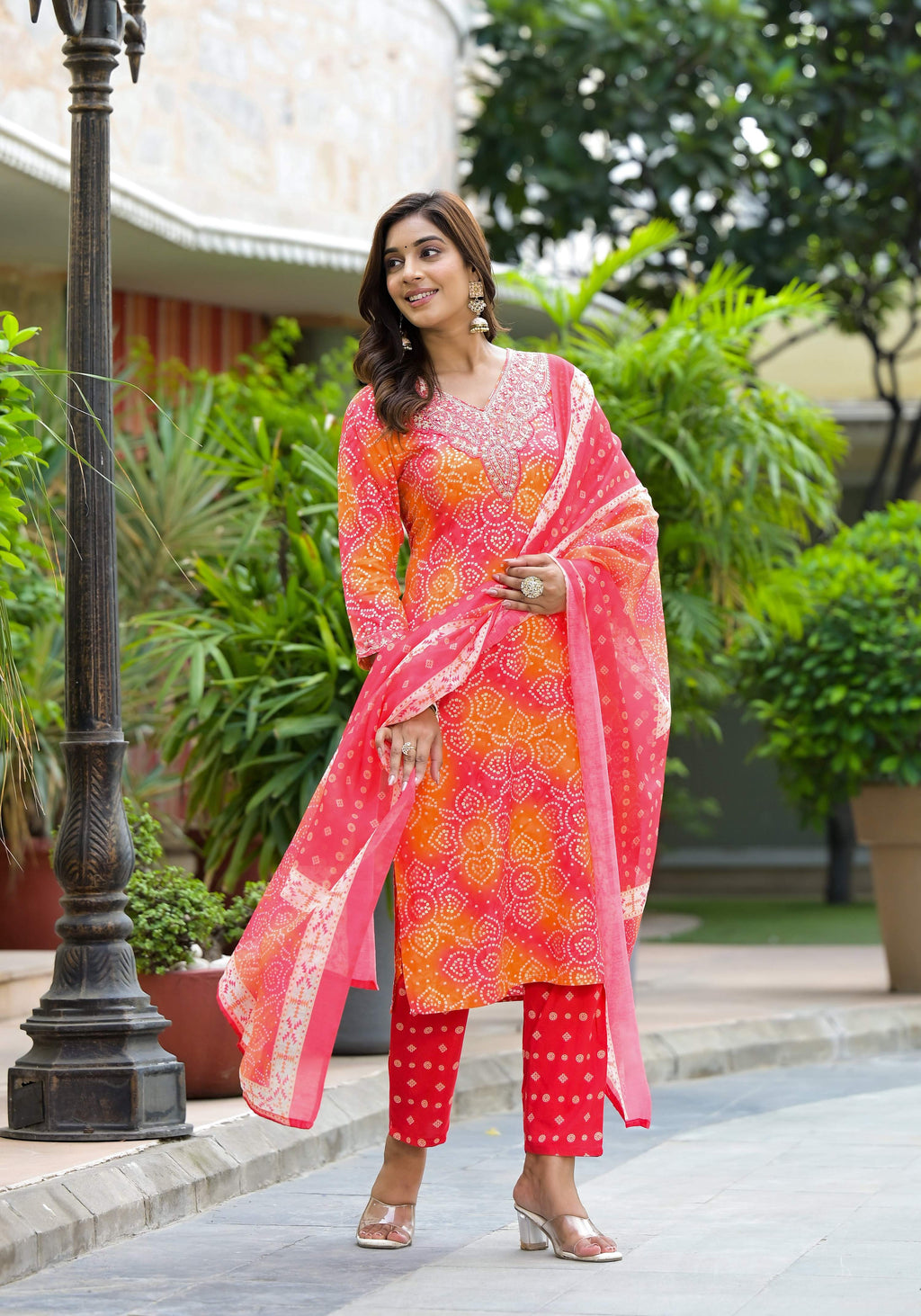 Applique Embroidered & Bandhani Printed Kurta With Pant & Printed Dupatta, Orange - Hiral Fashion | Grocsy