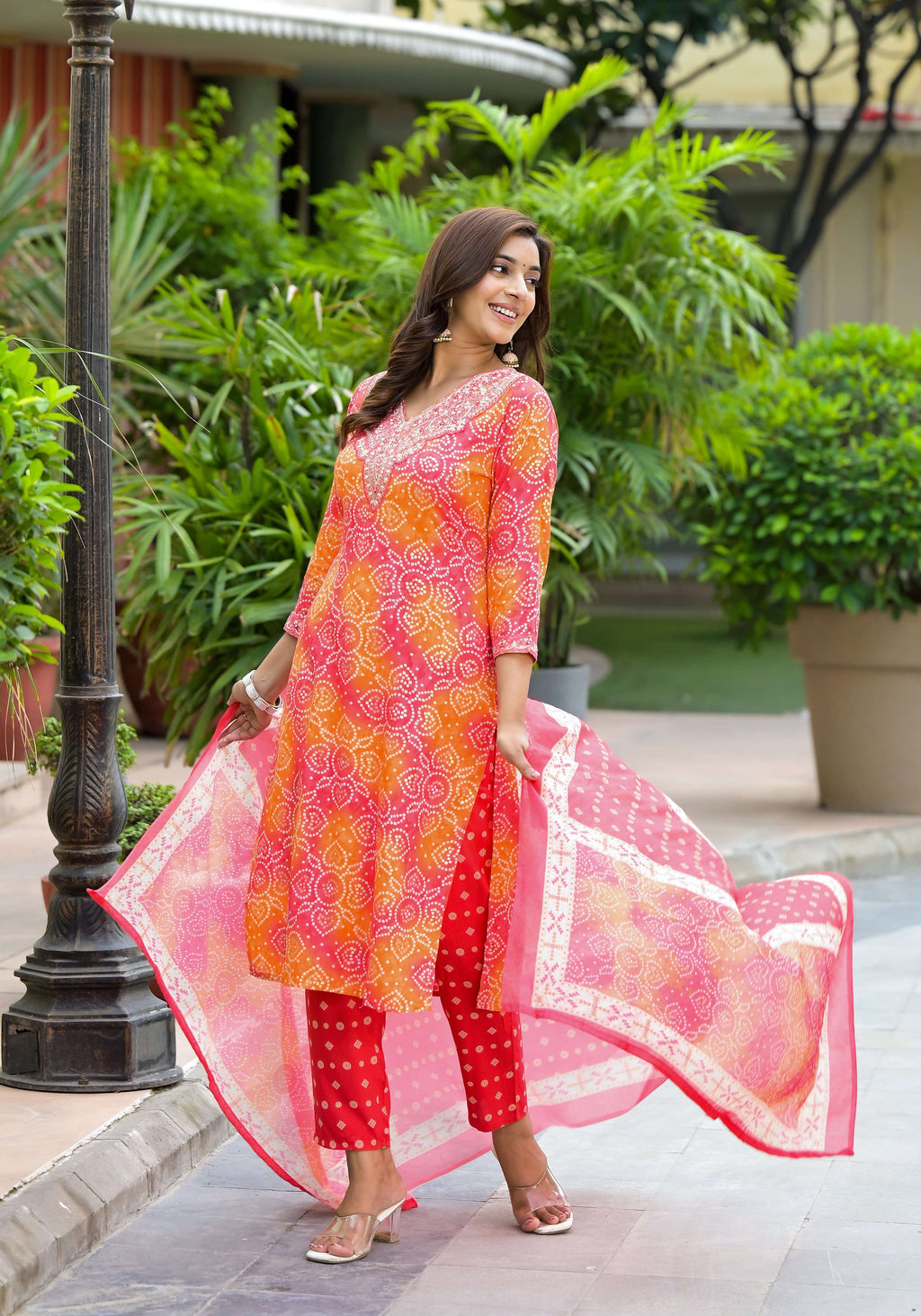 Applique Embroidered & Bandhani Printed Kurta With Pant & Printed Dupatta, Orange - Hiral Fashion | Grocsy