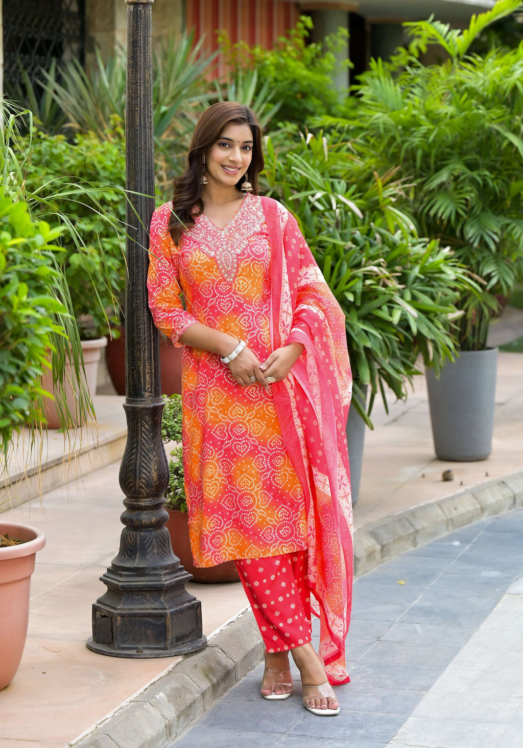 Applique Embroidered & Bandhani Printed Kurta With Pant & Printed Dupatta, Orange - Hiral Fashion | Grocsy