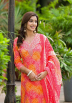 Applique Embroidered & Bandhani Printed Kurta With Pant & Printed Dupatta, Orange - Hiral Fashion | Grocsy