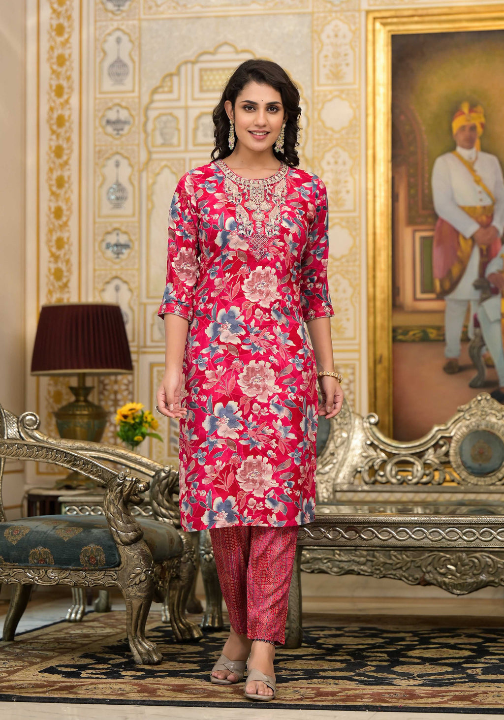 Applique Embroidered & Floral Printed Kurta With Pant & Printed Dupatta, Pink - Hiral Fashion | Grocsy