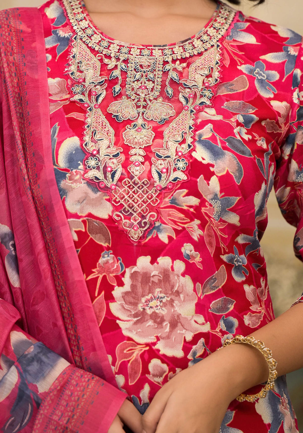 Applique Embroidered & Floral Printed Kurta With Pant & Printed Dupatta, Pink - Hiral Fashion | Grocsy