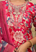 Applique Embroidered & Floral Printed Kurta With Pant & Printed Dupatta, Pink - Hiral Fashion | Grocsy