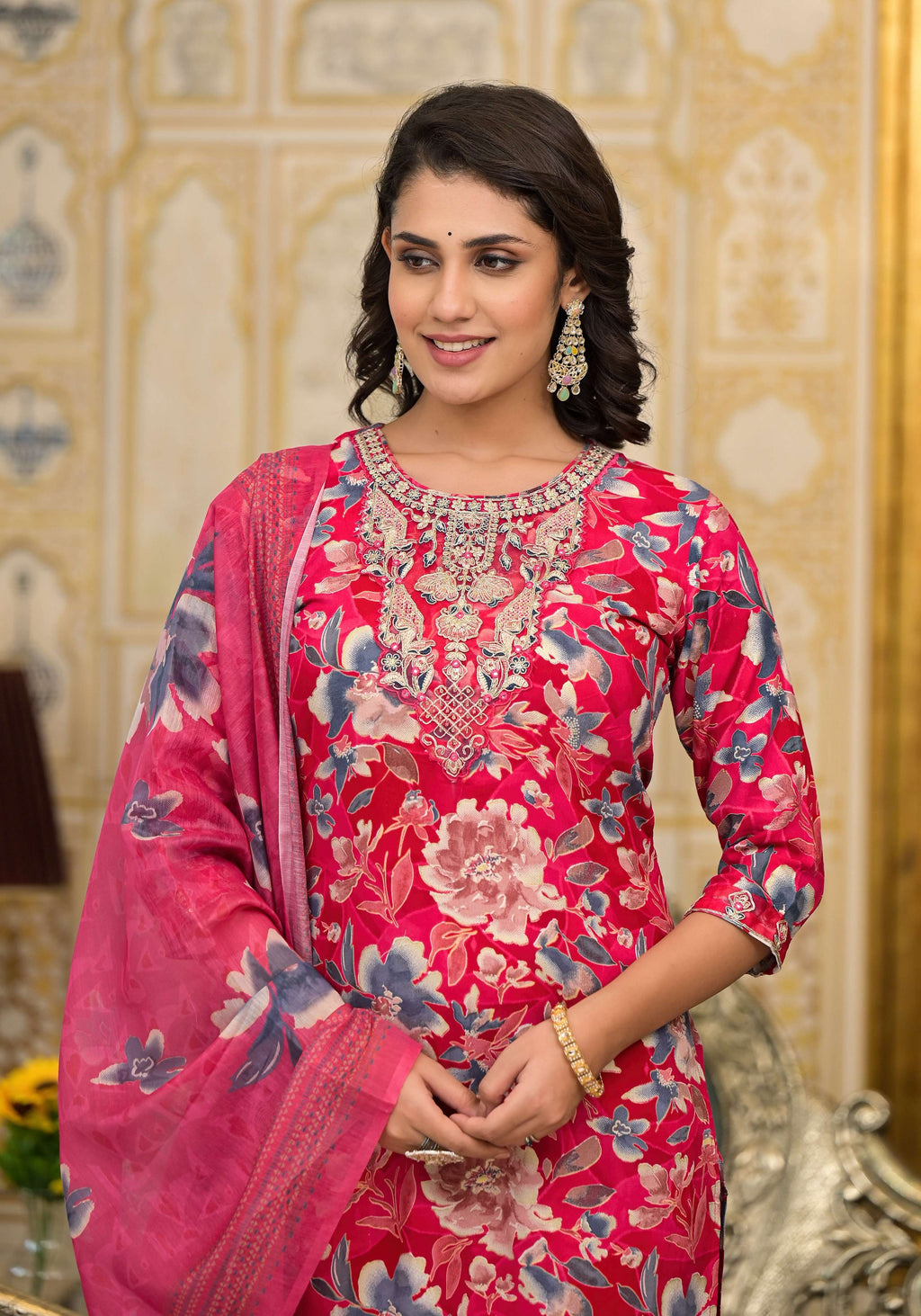 Applique Embroidered & Floral Printed Kurta With Pant & Printed Dupatta, Pink - Hiral Fashion | Grocsy