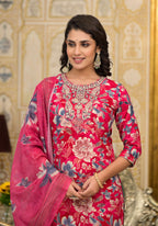 Applique Embroidered & Floral Printed Kurta With Pant & Printed Dupatta, Pink - Hiral Fashion | Grocsy