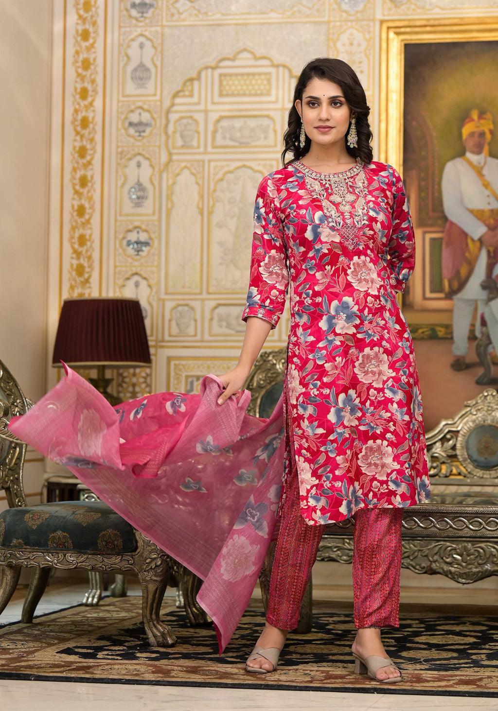 Applique Embroidered & Floral Printed Kurta With Pant & Printed Dupatta, Pink - Hiral Fashion | Grocsy