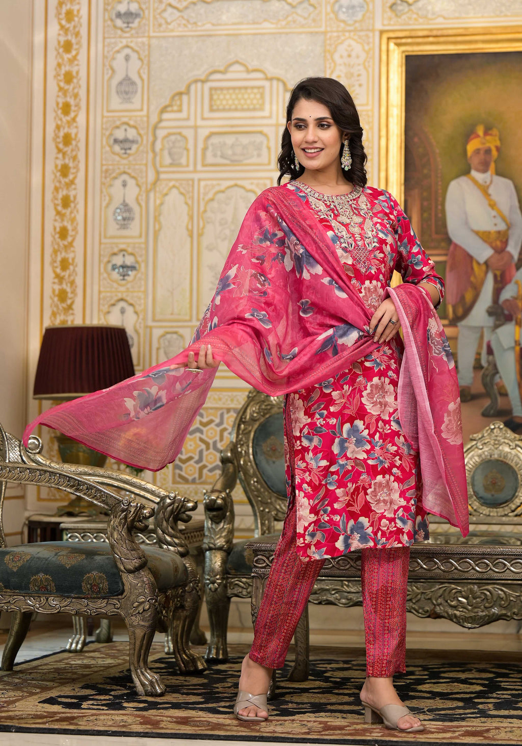 Applique Embroidered & Floral Printed Kurta With Pant & Printed Dupatta, Pink - Hiral Fashion | Grocsy