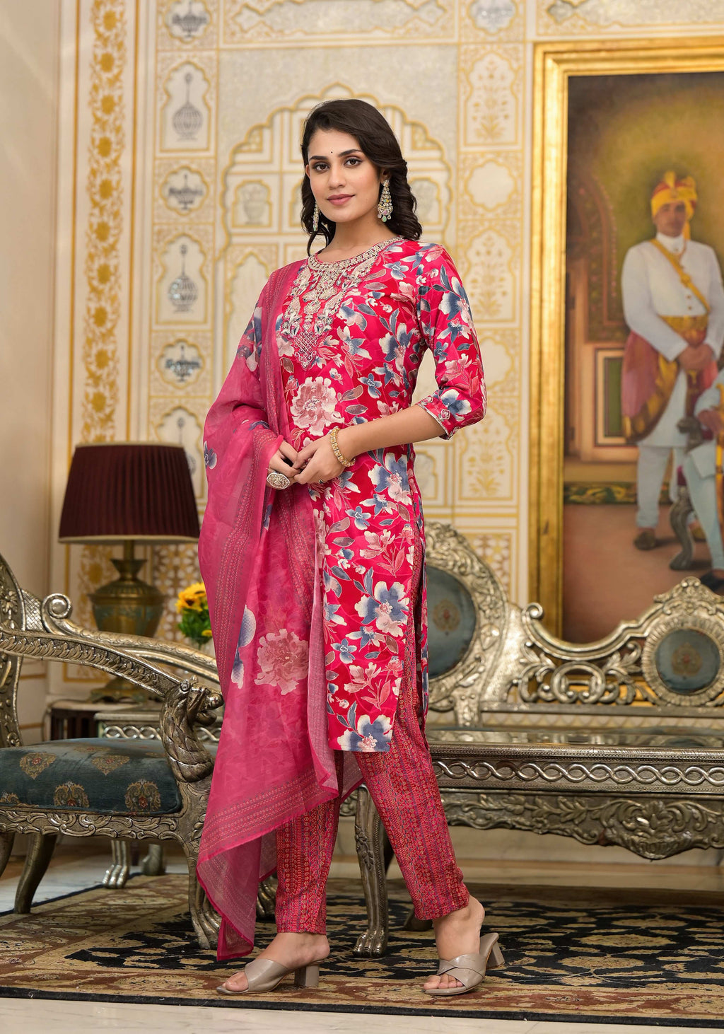 Applique Embroidered & Floral Printed Kurta With Pant & Printed Dupatta, Pink - Hiral Fashion | Grocsy