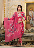 Applique Embroidered & Floral Printed Kurta With Pant & Printed Dupatta, Pink - Hiral Fashion | Grocsy
