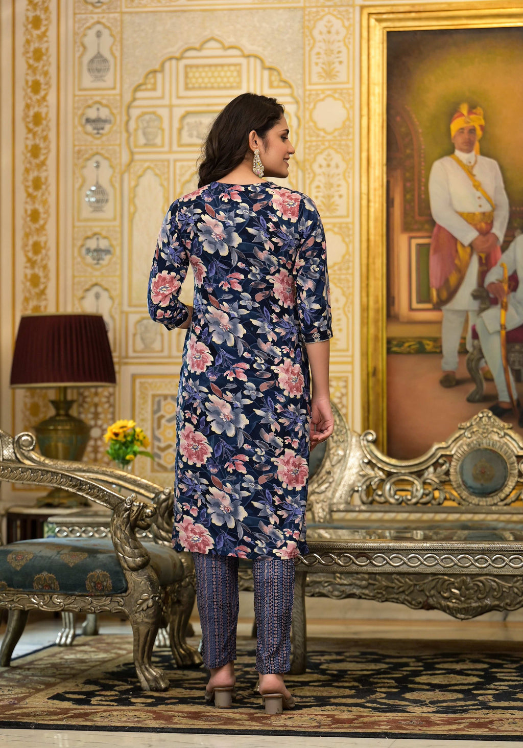 Applique Embroidered & Floral Printed Kurta With Pant & Printed Dupatta, Navy Blue - Hiral Fashion | Grocsy