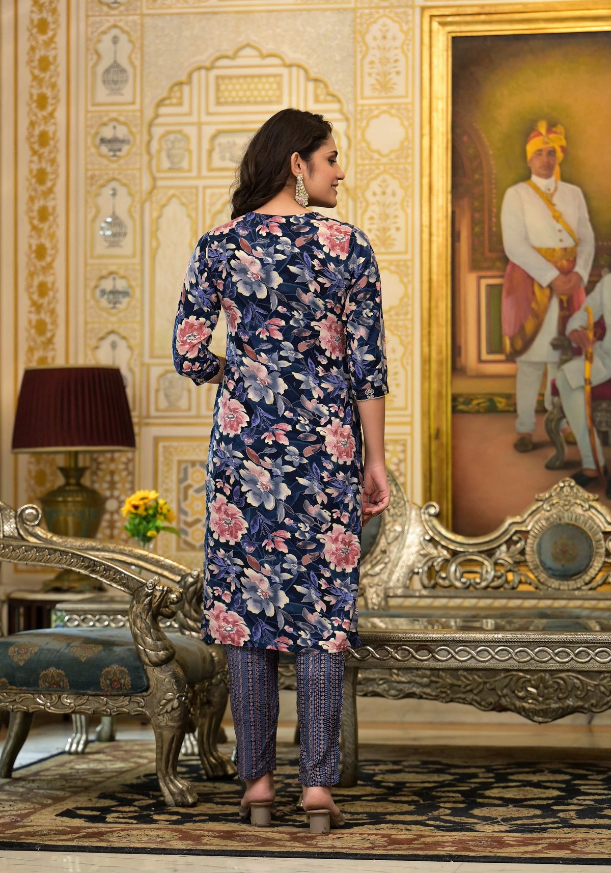 Applique Embroidered & Floral Printed Kurta With Pant & Printed Dupatta, Navy Blue - Hiral Fashion | Grocsy