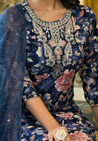 Applique Embroidered & Floral Printed Kurta With Pant & Printed Dupatta, Navy Blue - Hiral Fashion | Grocsy