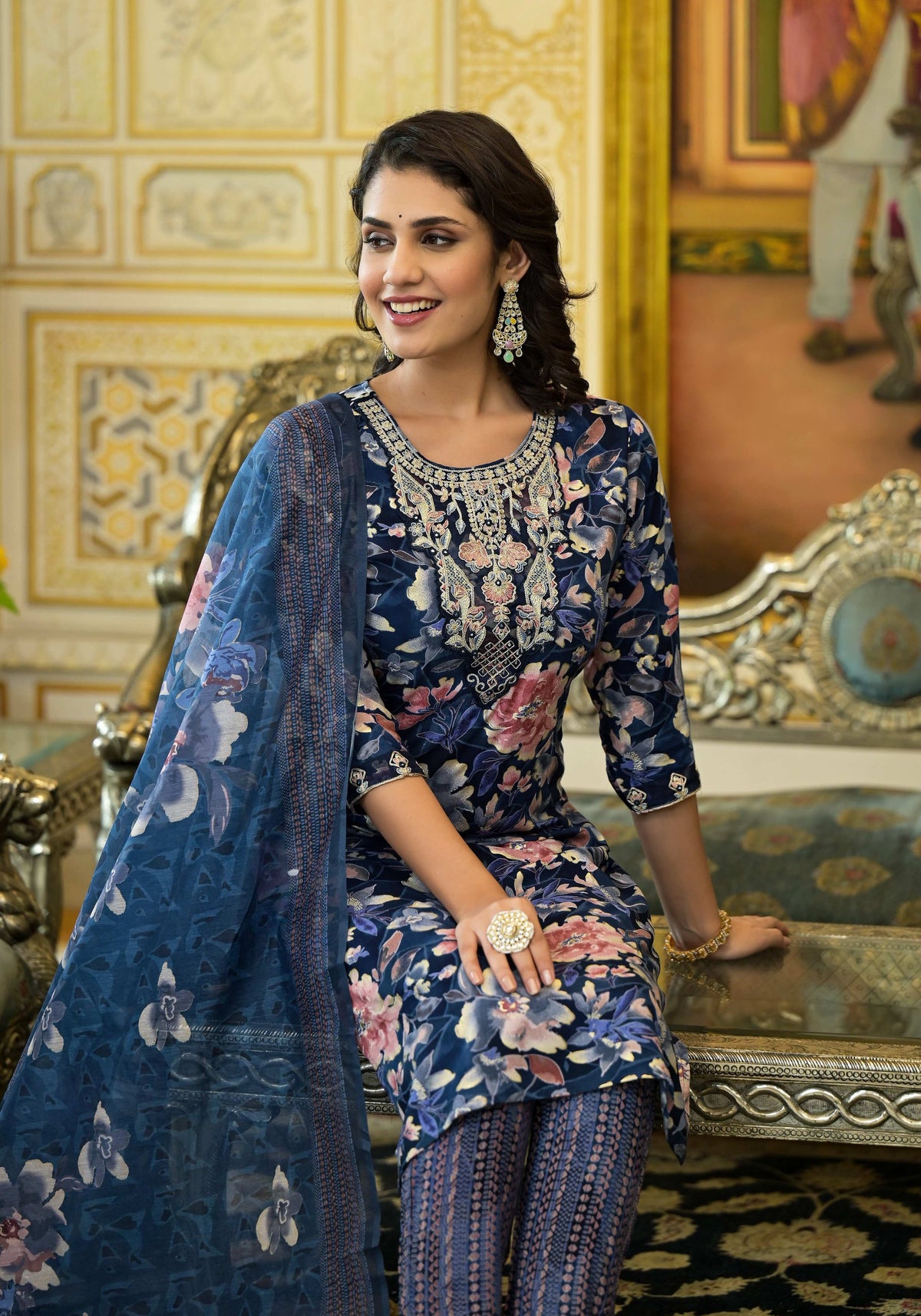 Applique Embroidered & Floral Printed Kurta With Pant & Printed Dupatta, Navy Blue - Hiral Fashion | Grocsy